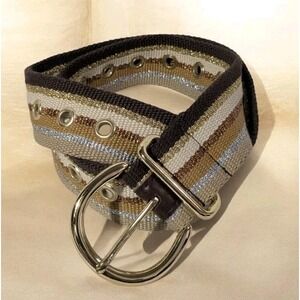 Belt Canvas Striped Glitter Buckle Womens Unisex Grommets  Brown Gold Silver